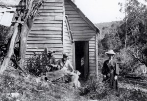 Fury hut, Fleece Creek, 1909: Gustav Weindorfer, Walter Malcolm Black, Kate Weindorfer. RE Smith photo courtesy of Charles Smith.