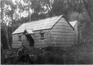 New Pelion Hut, 28 December 1940, Charles Smith in the foreground. Ron Smith photo courtesy of Charles Smith.