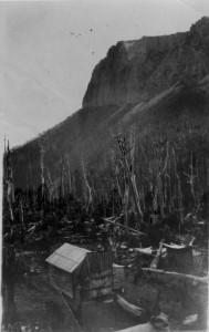 An earlier Ray McClinton or Fred Smithies shot of the original one-room Du Cane, taking full advantage of the view of Cathedral Mountain.
