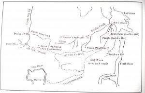 The Five Mile Rise goldfield, between the upper Forth River and the Middlesex Plains, north-western Tasmania, showing the position of the O'Rourke's hydraulic gold mine.