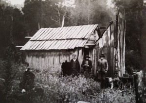 Hut at the Iris tin mine, April 1905. (Left to right) Les Smith, Tom Murphy and Richard Kirkham. Ron Smith photo courtesy of the late Charles Smith.
