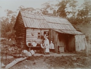 Henry Montgomery’s photo of Field stockman Jacky Brown and his wife Linda Brown at their hut, with children Mollie (the babe in arms) and William (standing with his father). The girl standing beside Linda is possibly from the Aylett family and fulfilling the role of maid. PH30-1-3836 (TAHO).