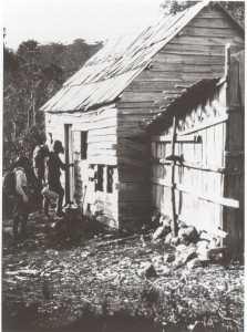 ‘Hut at the top of the Forth Gorge track’, probably O’Rourke’s hut, showing the typical skin shed chimney favoured by Middlesex area hunters. Fred Smithies photo, NS573/4/9/32 (TAHO) 