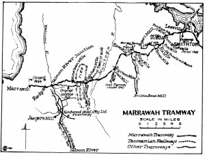 The Marrawah Tramway enters the dolomite Mowbray and Montagu Swamps on its journey from Smithton to Marrawah. Brittons’ branch tramway penetrates Brittons Swamp. Map by ‘Wanderer’, ‘Railways and Tramways of the Circular Head District’, Australian Railway Historical Bulletin no.168, October 1951. 
