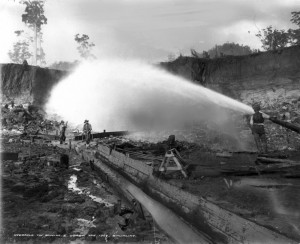 Hydraulic sluicing on the north-eastern Tasmanian tin fields. O'Rourke's hydraulic gold mine operated in the same manner. Stephen Spurling III photo, courtesy of Stephen Hiller.