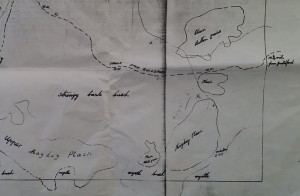 'X' marks the spot. The Etchell Mayday (First of May) Plain hut raided by police in 1937. Note also the prospectors' camp marked nearby. From AA612/1/5 (TAHO).