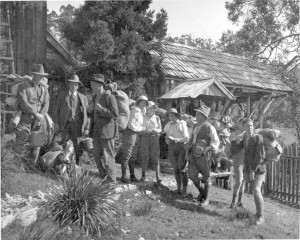 William Dubrelle Weston (2nd from left) with guide Bert Nichols (3rd from left) before setting out from Waldheim to climb Cradle Mountain in 1933. Fred Smithies photo courtesy of Margaret Carrington.