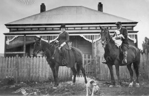 Hazel and William Murray in front of their 'mansion' at Balfour, 1911, with daughter Jean. Marital bliss or a façade for the photographer? Photo 1997:P:5591, QVMAG, Launceston.